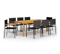 RMIHSJG Salon de jardin de 9 pièces noir en bois d'acacia et rotin PE, table à manger avec finition à l'huile et chaises avec structure en acier pour terrasse, ensemble de meubles d'extérieur