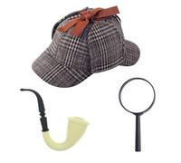 RmKbe Lot de 3 accessoires de déguisement Sherlock Holmes avec chapeau Deerstalker et loupe, accessoires pour Halloween, carnaval, fête pour adultes