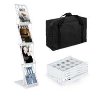 RMNKTHC Présentoir à Brochures à 4 Étagère, Pliable Porte Brochure A4 | avec Sac de Rangement Oxford, Portable, Porte-Revue en Métal pour Magazines Journaux Foires Exposition (blanc)