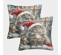 RNDKAUUIE Le Chat de Noël Canapé Coussins Lot De 2 Pièces Mignon Pillow Covers Canapé Taie d'oreiller Cacher La Fermeture À Glissière pour Patio Jardin Salon Chambre Décoration 45x45cm