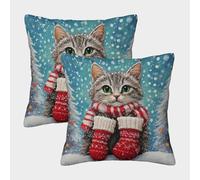 RNDKAUUIE Le Chat de Noël Housses De Coussin Lot De 2 Taies Animaux Mignons Taie d'oreiller Canapé Taie d'oreiller Cacher La Fermeture À Glissière pour Canapé Lit Chambre Chaise Jardin 45x45cm
