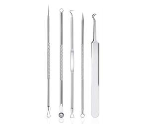 Rnitle 5 Pièces Blackhead Remover Outil,Pimple Extractor Acne aiguille Blackhead Remover Set,d’extracteur de point-noir,Acier Inoxydable Point D'acné Comédon Extracteur Pince À Épiler Kit(Argent)