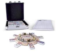 RNK Gaming Ensemble de Dominos de Train Mexicain Double 12 Points de Couleur avec moyeu en Bois, 8 Trains en métal et boîtier en Aluminium
