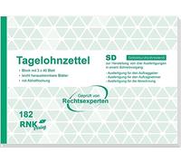 RNKVERLAG 182 - Fiche de salaire journalier, bloc de 3 x 40 feuilles, autocopiantes, DIN A5 horizontal