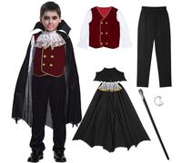 Rnoqamy Deguisement Vampire Enfant,Deguisement Halloween Garcon avce Dent de Vampire Enfant,Sceptre,Deguisements Vampires Garcon,Halloween Cosplay Costume Théâtre Fête (XL(130-140CM))