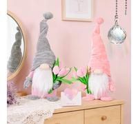 RNPKZ Lot de 2 lutins debout mignons avec tulipes, lutin de printemps, décoration de table avec pendentif attrape-soleil et carte en forme de cœur (rose + gris)