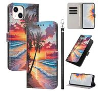 Rnrieyta Full Body Etui à Rabat en PU Cuir pour iPhone 14 Plus,Portefeuille Coque de Protection Pochette Cover avec Bracelet Carte Fentes Coloré Peinture Design