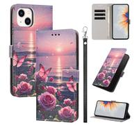 Rnrieyta Full Body Etui à Rabat en PU Cuir pour iPhone 14 Plus,Portefeuille Coque de Protection Pochette Cover avec Bracelet Carte Fentes Coloré Peinture Design