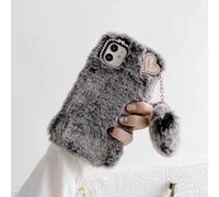 Rnrieyta Miagon Lapin Peluche Fourrure Coque pour Xiaomi 15T,Kawaii Étui de Protection Hiver Chaud Souple Poilu Doux Housse Cover avec Cœur Pendentif,Gris