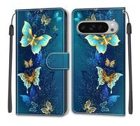 Rnrieyta Miagon PU Cuir Coque pour Google Pixel 10/10 Pro,Coloré Motif Portefeuille Étui Housse Cover avec Stand Support Porte-Cartes de Crédit,Or Vert Papillon