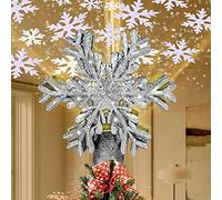 RNSSEZ Topper d'arbre de Noël 3D Forme de Flocon de Neige avec Projecteur LED Rotatif - Décoration de Fête (Fiche UE, Argenté)