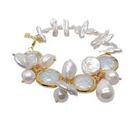 RNUMLIGH Bracelet en perles Biwa blanches d'eau douce naturelles, pièce de monnaie, perle Keshi, coquillage de mer, 8 pouces