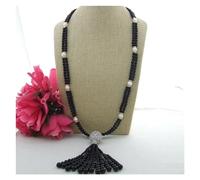 RNUMLIGH Collier long à pompon avec perles de culture blanches et noires, 2 brins, 33 pouces