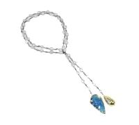 RNUMLIGH Collier Long en perles baroques Keshi gris de culture, chaîne pavée de zircone cubique, verre bleu, flèche brute, pendentif en perles Biwa