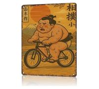 RNUMLIGH Comical Sumo Wrestler on Vintage Bicycle Tin Sign Decorative Wall-Art for Game Room Shed 8 X 12 in