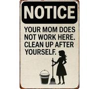 RNUMLIGH Retro Clean Up Notice Workplace Cleanliness Rule Metal Sign for Living Room Kitchen Garage Decor 8 X 12 in