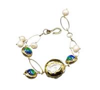 RNUMLIGH White Pearl Blue Glass Chain Bracelet 8"
