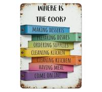 RNUMLIGH Witty Metal Tin Sign Where Is The Cook Kitchen Status Cooking Quote Wall-Art Retro Baking Decor Plaque for Diner Restaurant Pub 8 X 12 inch