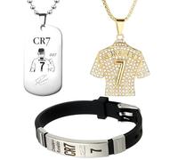 RNXSIB Lot de 3 accessoires de football avec bracelet CR7, pendentif noir et doré - Élégant et simple, collier maillot de football n° 7, collier en jersey doré
