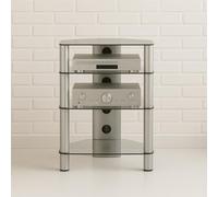 RO&CO Sonorous RX-2140-TG Meuble HiFi 4 Étagères en Verre Trempé Transparent 86x60x50 cm Structure Aluminium Gris Rack Audio Vidéo Jusqu’à 65 kg avec Passe-Câbles