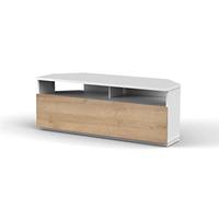 RO&CO Sonorous TRD100-WHOAK | Meuble TV d’Angle Blanc 100 cm | Porte Abattante Chêne | Design Moderne pour Salon | Rangement Caché | Supporte Jusqu’à 40 kg.