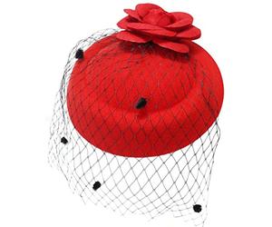 Ro Rox Chapeau Ruby de Rose Filet Vintage Retro 1940 1950 Fascinator Party Mariage - Rouge