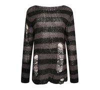 Ro Rox RYOT Pull en Detresse Surdimensionne Chunky Knitted Gothic Wide Stripe, Gris