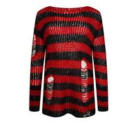 Ro Rox RYOT Pull en Detresse Surdimensionne Chunky Knitted Gothic Wide Stripe, Rouge
