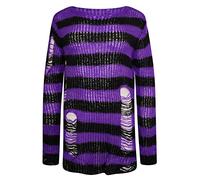 Ro Rox RYOT Pull en Detresse Surdimensionne Chunky Knitted Gothic Wide Stripe, Violet