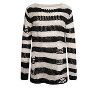 Ro Rox RYOT Pull en Detresse Surdimensionne Chunky Knitted Gothic Wide Stripe, White