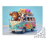 Road Trip en Van à Vaches Puzzle Familial 1000 Pièces pour Adultes Vaches dans Van Fleuri Coloré Premium Robuste Haute Qualité Stimulant Anti-Stress 38x26cm/1000pcs