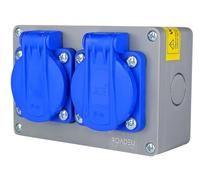 RoadEu Boîte de distribution IP44 de surface | 2 prises Schuko 230 V/16 A | Base multiple pré-câblée avec presse-étoupes PG13,5 | Cadre de chantier pour atelier, garage et extérieur