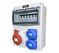 RoadEu Coffret de chantier triphasé IP44 CEE 16A 2 prises 2P+T | CEE 400V 5 broches, disjoncteur 4P VDE, 2x C16A 1P+N VDE, câblage 2,5 mm²