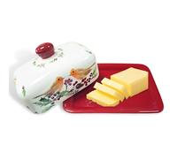 RoadLoo Beurrier en céramique - Porcelaine de qualité - Poignée rouge - Motif d'oiseau coloré - Paroi épaisse - Passe au lave-vaisselle (rouge, 3)