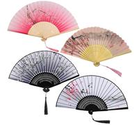 RoadLoo Lot de 4 éventails de mariage avec pompon - Ventilateur à main pliable - Décoration asiatique pour anniversaire, fête, mariage, photographie, décoration murale