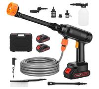 Roadtime Nettoyeur Haute Pression sans Fil avec Brosse de Nettoyage, Nettoyeur Haute Pression Portable avec Conduite d'eau de 5 m, buse Multifonction 6 en 1 Adapté pour Voitures, Sols (2 Batteries)