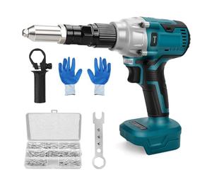Roadtime Pince à riveter sans fil pour Makita 21V batterie, Outil de rivetage sans balai avec 175 rivets,4 adaptateurs, riveteuse electrique pour rivets aveugles 2.4-4.8 mm (Sans Batterie)