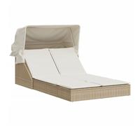 Roanoer Chaise longue double en polyrotin avec toit et coussins, beige | Île de soleil en rotin à deux places avec auvent pliable et coussins confortables pour jardin, terrasse et balcon.