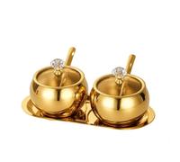 RoaQinFo 2 Pièces Pot à Épices En Acier Inoxydable Cvercle Cuillère Réutilible Récipient à Épices Plateau Assorti Polyvalent, Or, Forme Boule