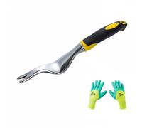 RoaQinFo Râteau de Jardinage Désherbeur Manuel Extracteur Racines Arrache Racines Pointe Fourchue Poignée Confort Métal Plastique Adapté aux Bordures Potager, Gant Désherbage Jardin