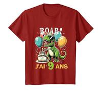 Roar J'Ai 9 Ans Cadeau 9ème Anniversaire Dinosaure Garçons T-Shirt, Enfant, Canneberge, 12 Ans
