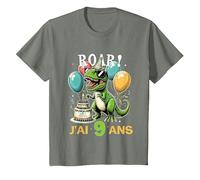 Roar J'Ai 9 Ans Cadeau 9ème Anniversaire Dinosaure Garçons T-Shirt, Enfant, Vert Kaki chiné, 3 Ans
