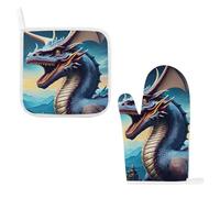 Roaring Dragon Gants de cuisine pour cuisine, maniques avec boucle de suspension, ensemble de gants de cuisine longs pour restaurant, coussinets chauds antidérapants, barbecue, pâtisserie, cuisine