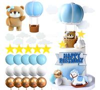 Roaring Good Time décoration de gâteau ours bleu décoration de gâteau boules bleues et dorées décoration de gâteau montgolfière décoration de gâteau ours décoration de gâteau de fête de bébé