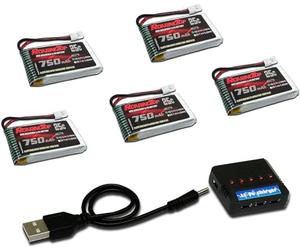 ROARINGTOP 3.7V Lipo Batterie 750mah 25C 5 Pack Lipo Batterie avec Molex Plug 5 en 1 Chargeur pour Syma X5 X5A X5SW X5C X5C1 RC Quadcopter Drone pièces détachées