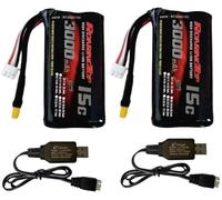 RoaringTop Batterie 7,4V 3000mAh 2S Rechargeable Li-ION RC Batterie avec Prise XT30 et 2 Câble de Charge USB pour Excavatrices RC et Bateaux télécommandés (2 PCS)