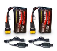 RoaringTop Batterie Lithium-ION 7,4V 3000mAh 2S Rechargeable avec fiche XT60, 2 câbles de Charge USB, pour Pelleteuse radiocommandée, Convient pour Huina 580 582 583 594 et navires télécommandés
