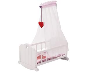 roba Berceau Poupée Complet en Bois Fienchen - Inclus Textile Rose - Couverture + Oreiller + Ciel de Lit et Support - Pour Filles de 3 à 6 Ans - Laqué Blanc