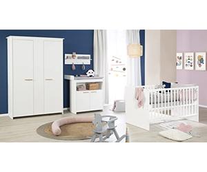 roba Chambre Bébé Complète 3 Pièces Anton - Lit Évolutif 70 x 140 + Commode à Langer Convertible + Armoire à 2 Portes - Fermeture Douce - Bois Blanc/Poignées en Hêtre