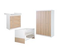 Chambre Bébé Complète - Lit Évolutif 70 X 140 Cm + Commode À Langer + Armoire 3 Portes - Roba - Bicolore Blanc / Décor Chêne Clair Blanc